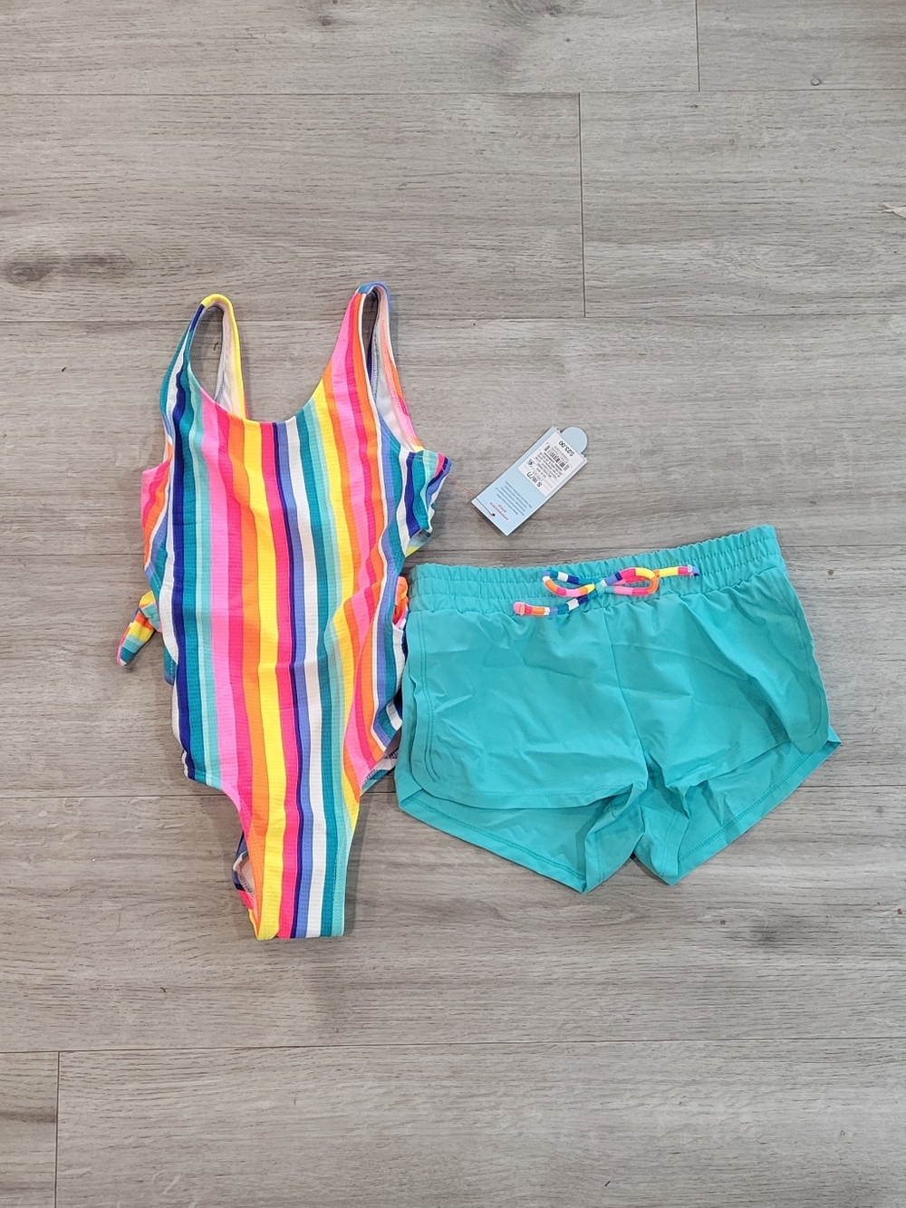 Cat & Jack Girls Rainbow Stripe One-Piece with Teal Swim Shorts